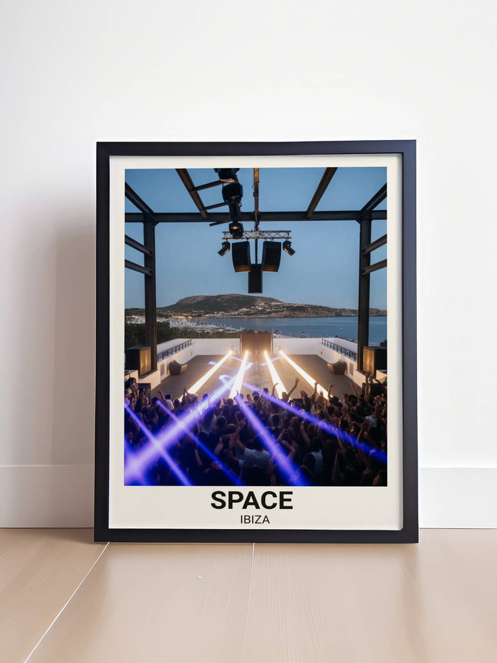 Bring the spirit of the White Isle home with this Map Your Dreams Space Ibiza poster, featuring minimalist architecture and dramatic professional lighting.