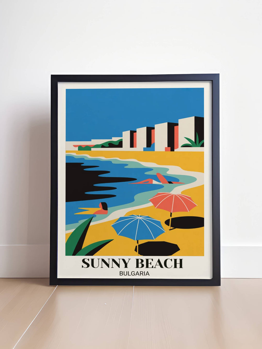 Contemporary Sunny Beach minimalist travel poster featuring bold geometric beach, striking color palette, playful elements, and modern design approach