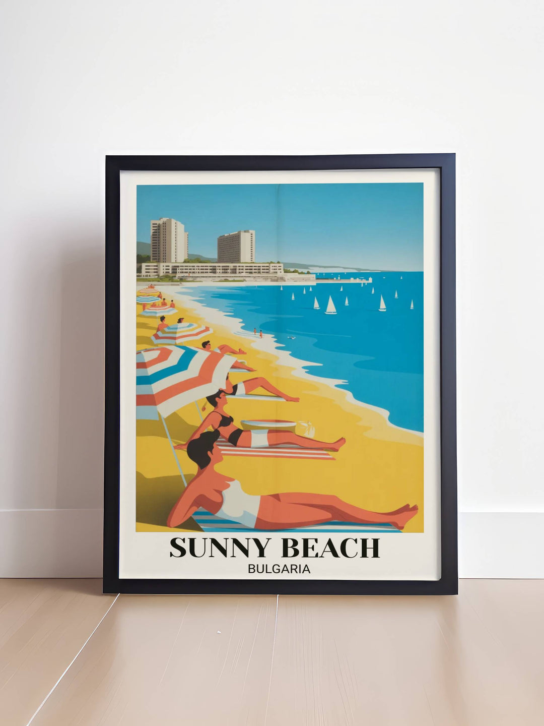 Retro Sunny Beach resort poster from Bulgaria depicting 1970s Soviet-era vacation aesthetics, sandy beach, tourists, vibrant colors, and vintage graphic illustration style
