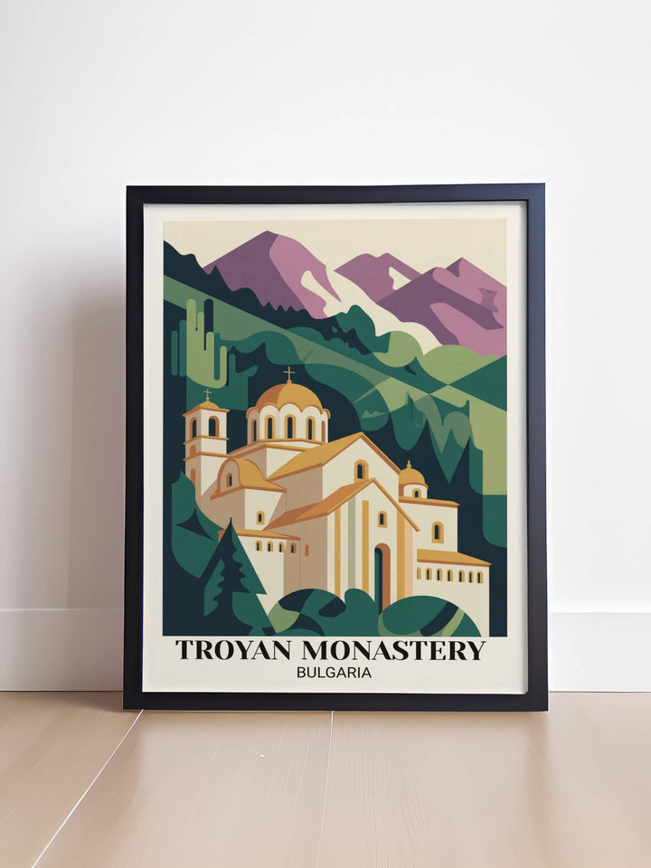 Contemporary Troyan Monastery minimalist travel poster featuring bold geometric sacred architecture, striking color palette, spiritual elements, and modern design approach