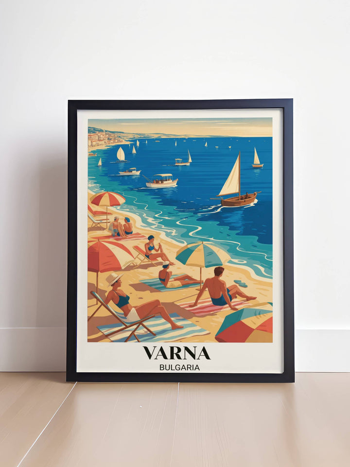 Retro Bulgaria travel art depicting Varna Black Sea coast with traditional boats, golden beaches, colorful umbrellas, and authentic vintage resort aesthetic from 1950s-60s era
