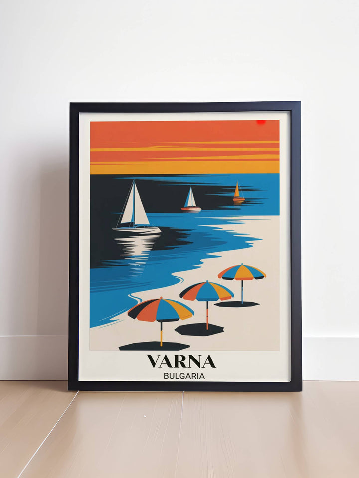 Contemporary bold Varna Bulgaria travel art with minimalist composition, geometric shapes, vibrant color palette, sailboats, umbrellas, and modern graphic design

