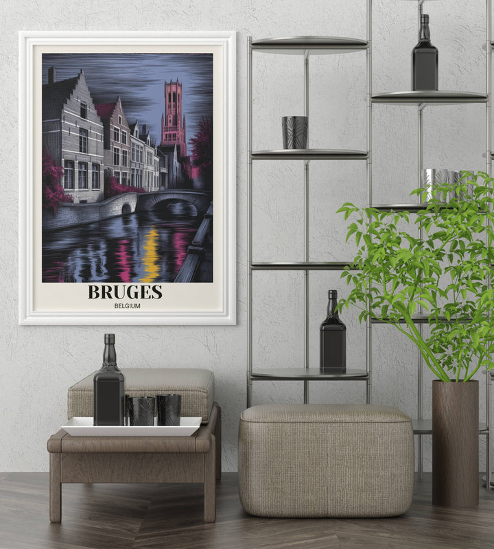 Bold architectural wall art of Bruges Belgium with a cream border, capturing historic gabled houses and the belfry tower in a contemporary etched graphic design.