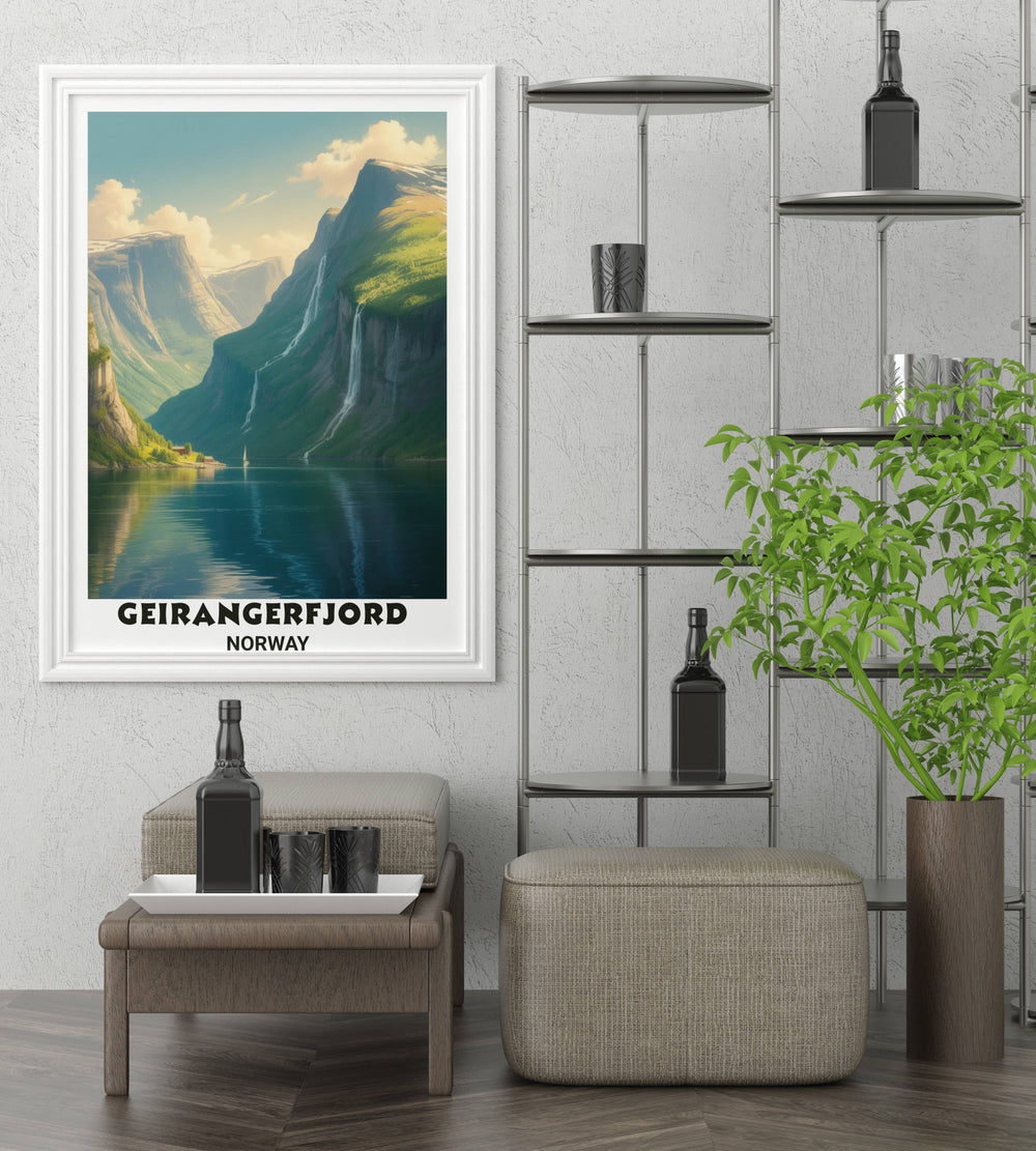 Vertical mountain wall art for home interiors depicting the grand scale of the Norwegian wilderness with misty clouds and sunlight hitting the emerald green coastal cliffs.
