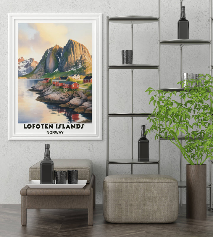 Large white framed print of the Norwegian coast with vibrant red cabins and majestic mountain verticality, designed for high-end Scandinavian living rooms and modern offices.