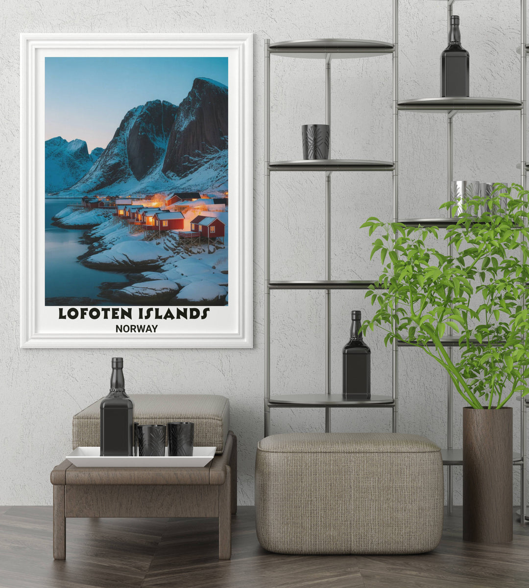 Large gallery wrapped canvas of a Norwegian winter fjord with vibrant red rorbuer cabins and monumental snow-capped vertical cliffs, perfect for a modern Scandinavian living room.