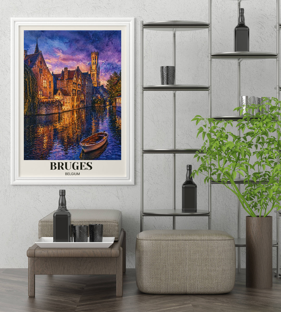 Bruges Belgium canal scene art print featuring a sunset sky and water reflections, professionally framed in black to enhance the purple and gold watercolor tones.