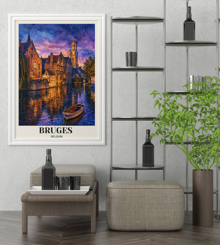 Bruges Belgium canal scene art print featuring a sunset sky and water reflections, professionally framed in black to enhance the purple and gold watercolor tones.