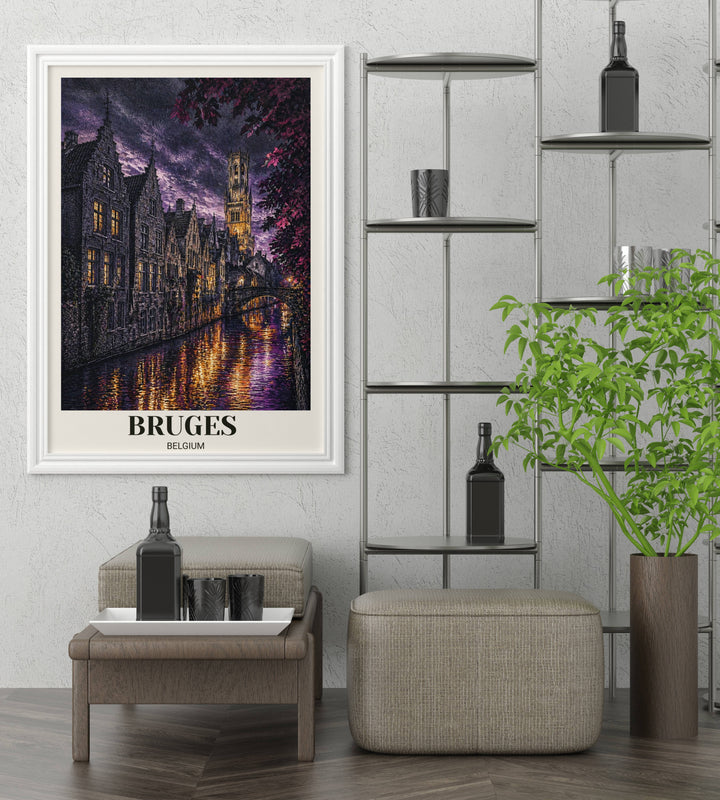 Architectural wall art of Bruges Belgium with bold serif typography, capturing historic step-gabled houses and a canal at the violet hour in a luxury modern-etched illustration.