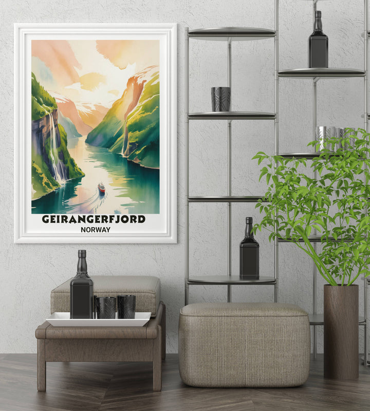 Large gallery wrapped canvas print of the Geirangerfjord in Norway with vibrant blue water and lush cliffs, designed for high-end modern offices and minimalist interior design styles.