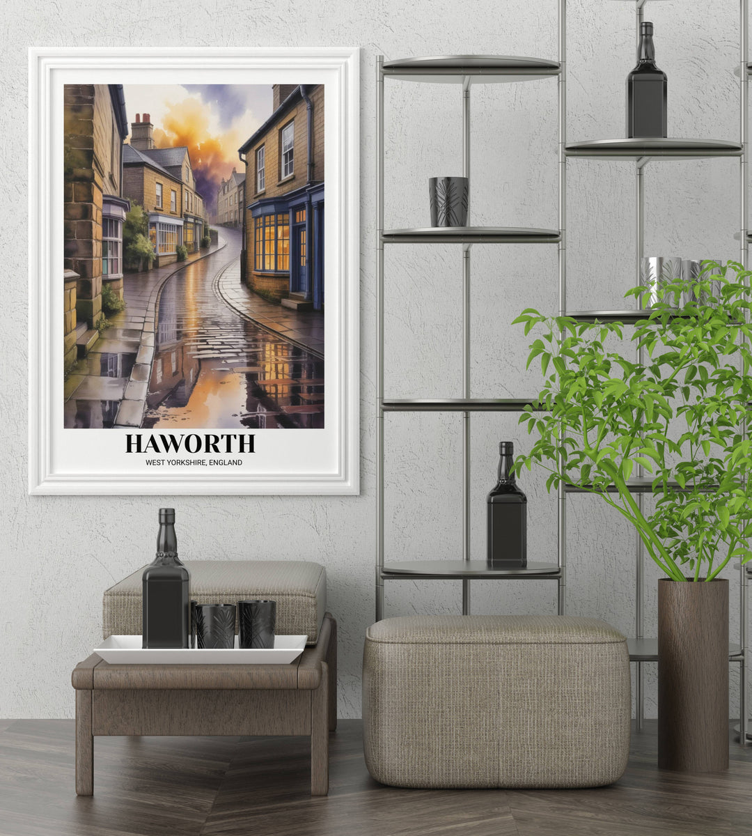 Detailed close-up of Haworth art print highlighting the realistic water reflections on the cobblestones and the soft painterly textures of the stone walls.