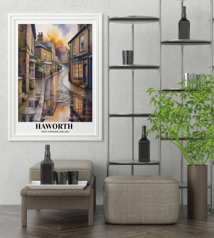 Detailed close-up of Haworth art print highlighting the realistic water reflections on the cobblestones and the soft painterly textures of the stone walls.