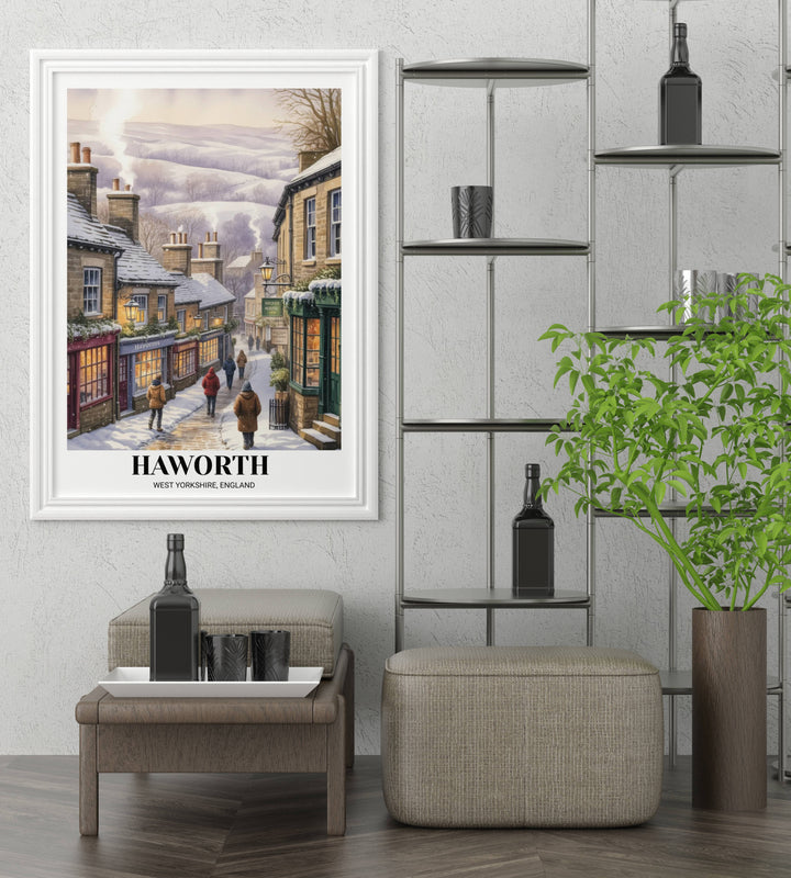 Close-up of a Haworth winter landscape poster showing the delicate watercolor textures of falling snowflakes and wet reflections on icy stones.