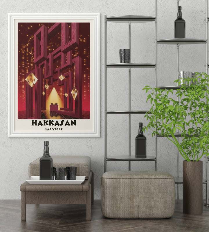 Surrealist nightclub wall art of Hakkasan Las Vegas. Features floating geometric diamonds and a central golden altar against a high-contrast black and crimson background.
