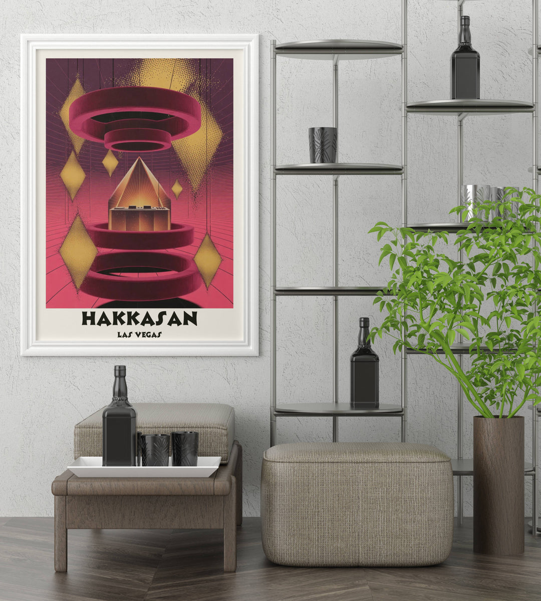 High-end Hakkasan Las Vegas poster by Map Your Dreams with deep crimson and amber gold gradients. Captures the luxury atmosphere of the MGM Grand through a dreamscape lens.