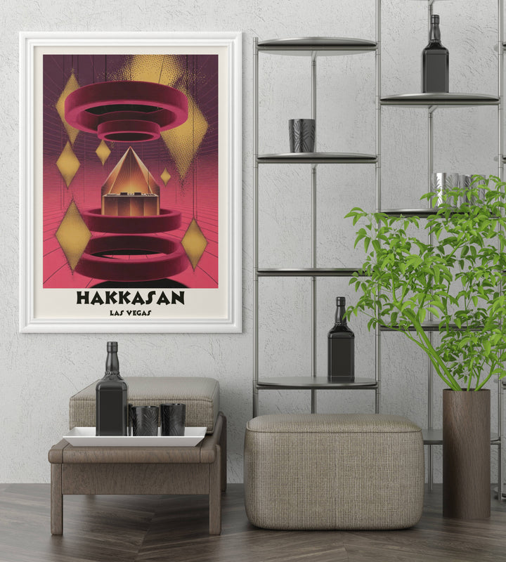 High-end Hakkasan Las Vegas poster by Map Your Dreams with deep crimson and amber gold gradients. Captures the luxury atmosphere of the MGM Grand through a dreamscape lens.