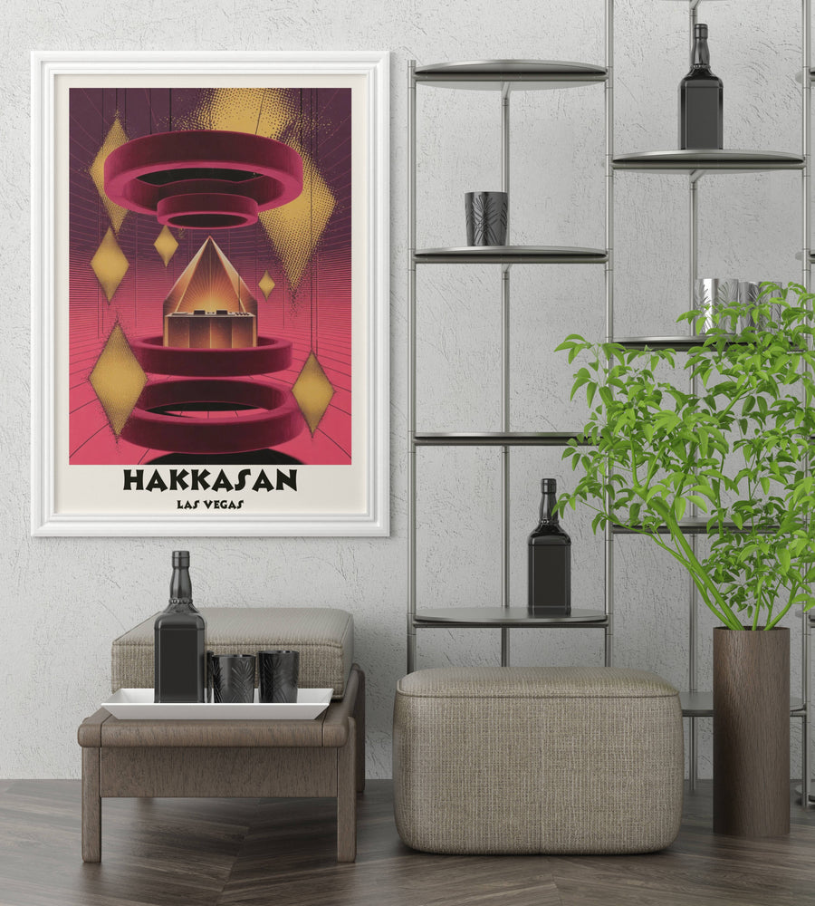 High-end Hakkasan Las Vegas poster by Map Your Dreams with deep crimson and amber gold gradients. Captures the luxury atmosphere of the MGM Grand through a dreamscape lens.