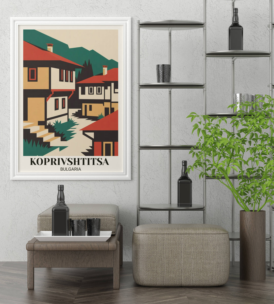 Bold modern Koprivshtitsa poster featuring geometric folk village interpretation, striking color palette, traditional houses, mountains, and contemporary minimalist art aesthetic
