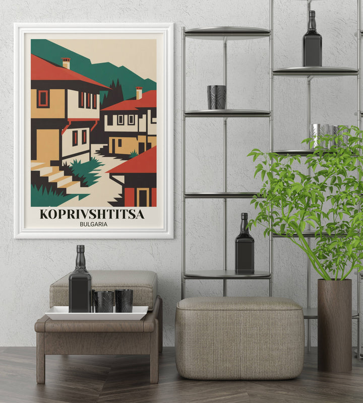 Bold modern Koprivshtitsa poster featuring geometric folk village interpretation, striking color palette, traditional houses, mountains, and contemporary minimalist art aesthetic
