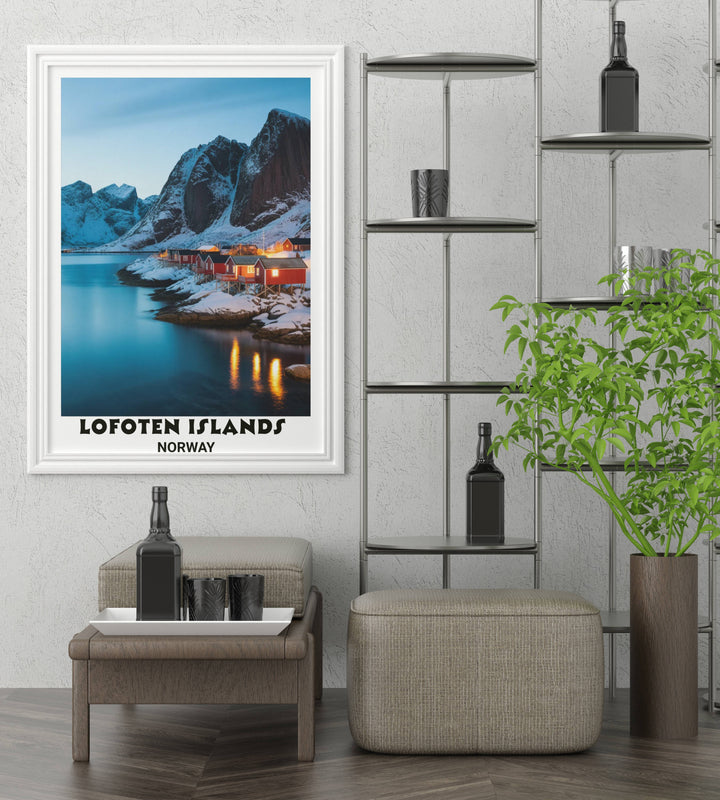 Nordic winter fjord landscape poster depicting Lofoten Islands Arctic beauty with frozen water, majestic mountains, cozy cabin homes, serene atmosphere