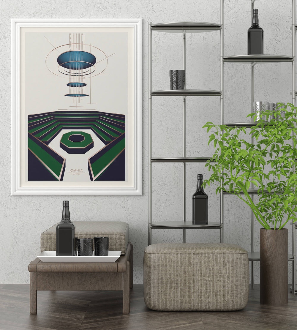 High-end Omnia Las Vegas poster by Map Your Dreams with deep emerald and rose gold geometric lines and structural symmetry.