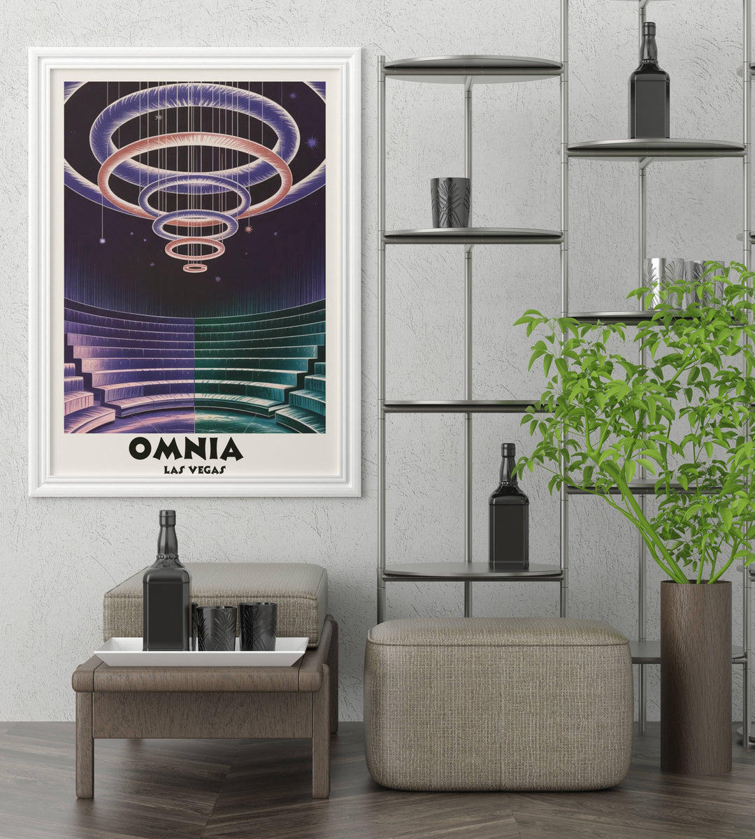 Atmospheric nightclub wall art with a heavy grain texture. Reimagines the energy of Omnia Las Vegas as a dreamscape with floating light rings.