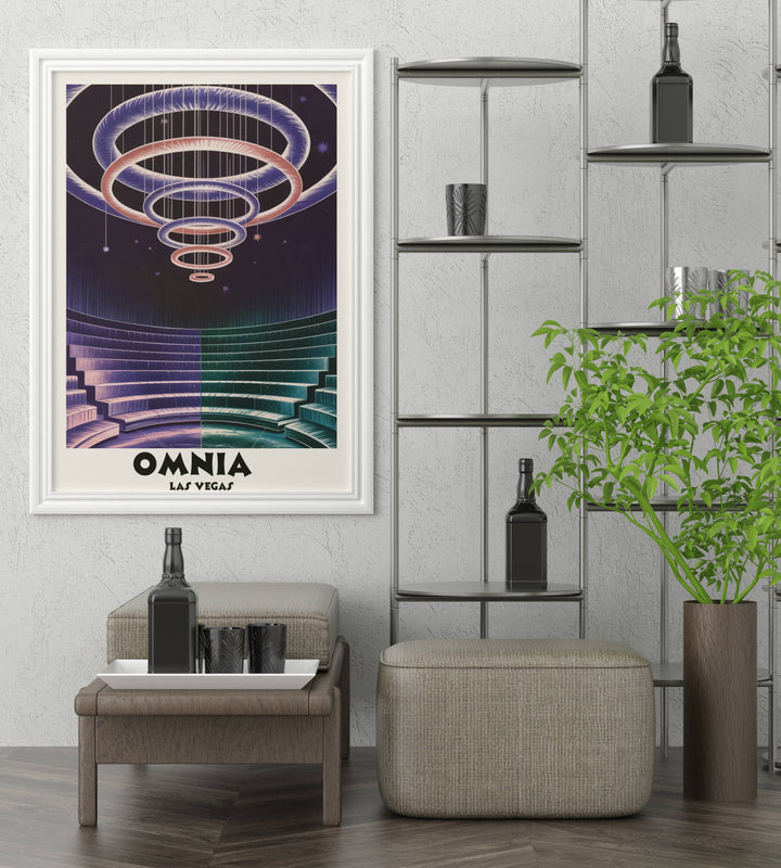 Atmospheric nightclub wall art with a heavy grain texture. Reimagines the energy of Omnia Las Vegas as a dreamscape with floating light rings.