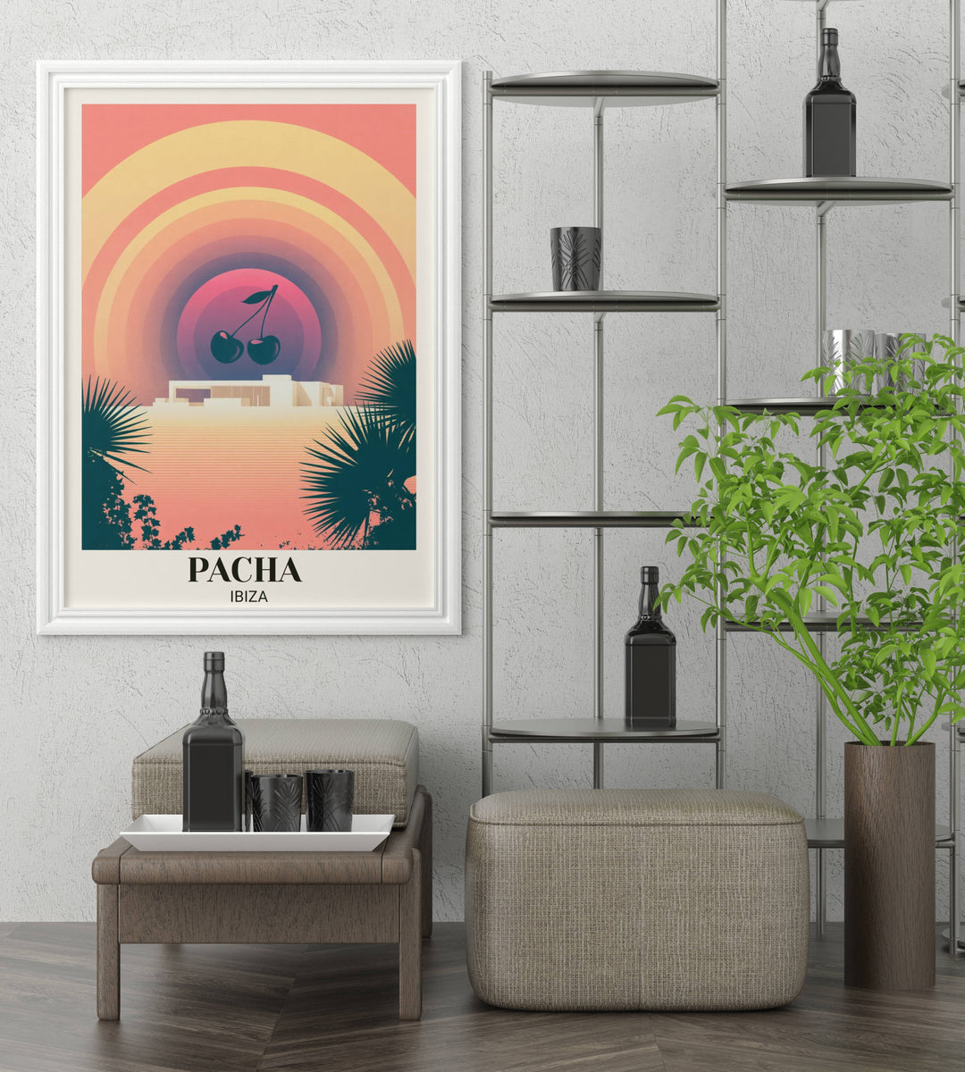 A masterpiece of Balearic nostalgia: this Map Your Dreams "The Dreamscape" poster blends dusty rose and violet gradients with sharp Mediterranean palm silhouettes for a luxury finish.