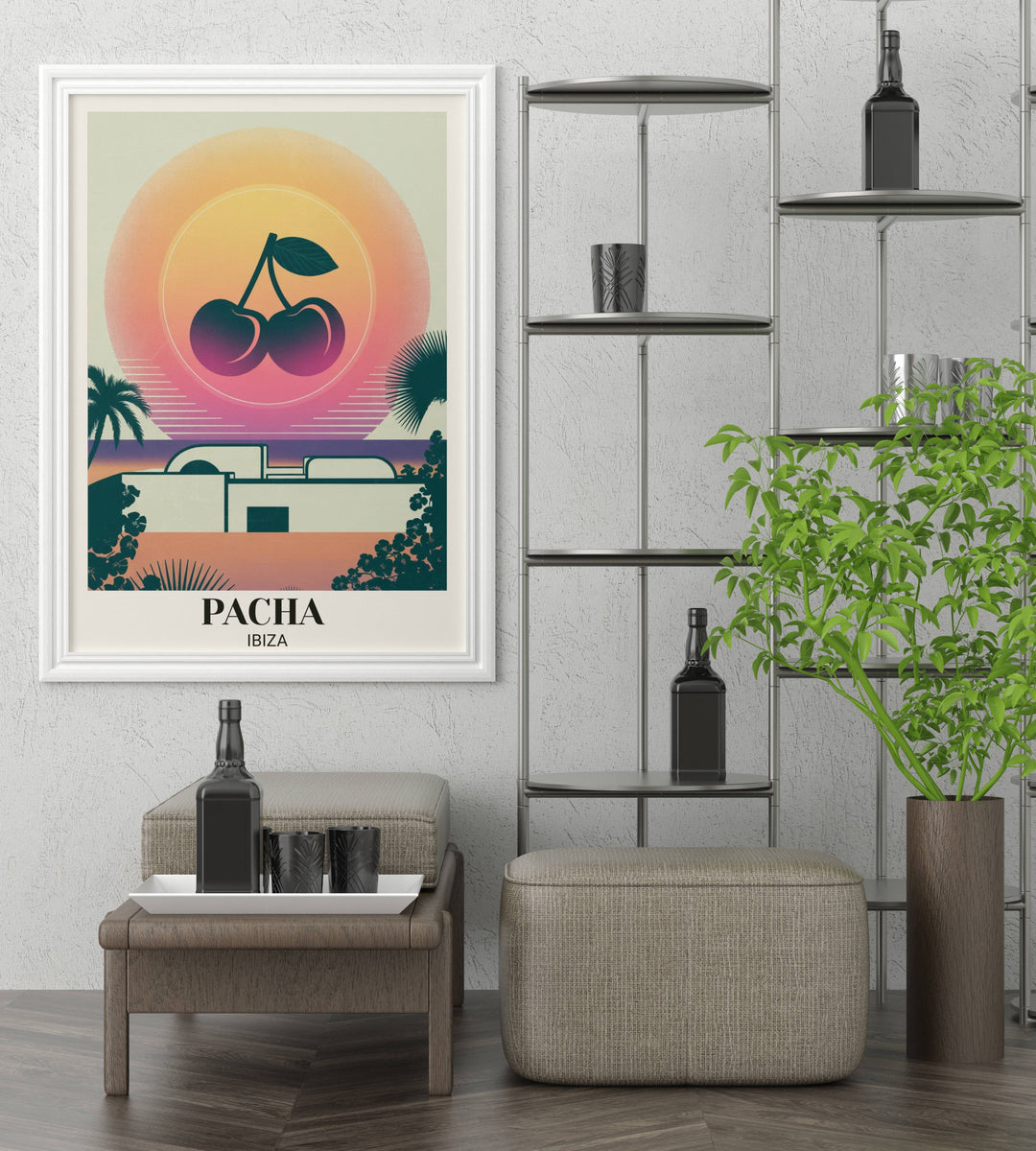 Experience the White Isle with this Map Your Dreams narrative print. Vibrant peach and violet gradients meet the iconic Pacha cherries for a sophisticated nightclub art piece.