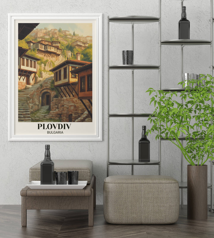 Vintage travel poster of Plovdiv Bulgaria featuring historic old town with stepped architecture, traditional houses, cobblestone streets, and ancient heritage aesthetic