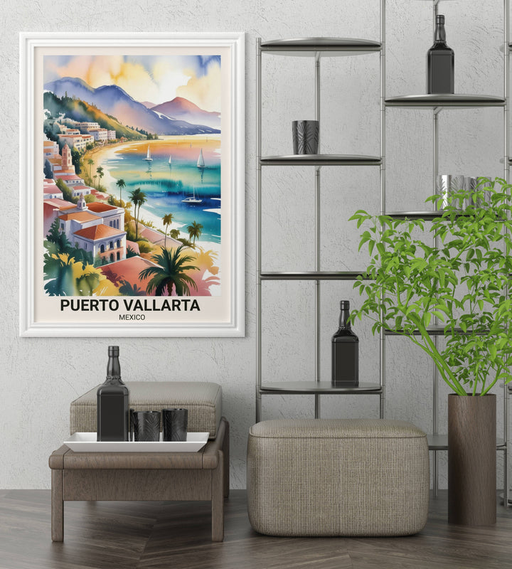Mexico travel poster showing vibrant magenta and orange bougainvillea flowers cascading over white colonial balconies along a narrow cobblestone road leading toward the mountains.