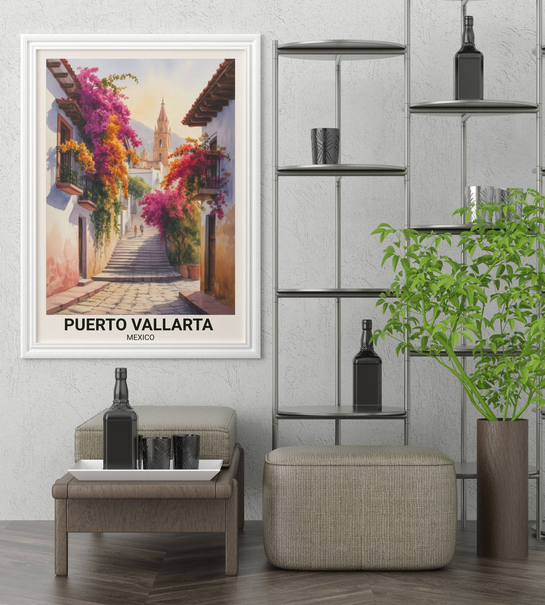 Puerto Vallarta wall art capturing an intimate street perspective with two figures walking toward a historic cathedral, featuring warm nostalgic light and soft watercolor textures.