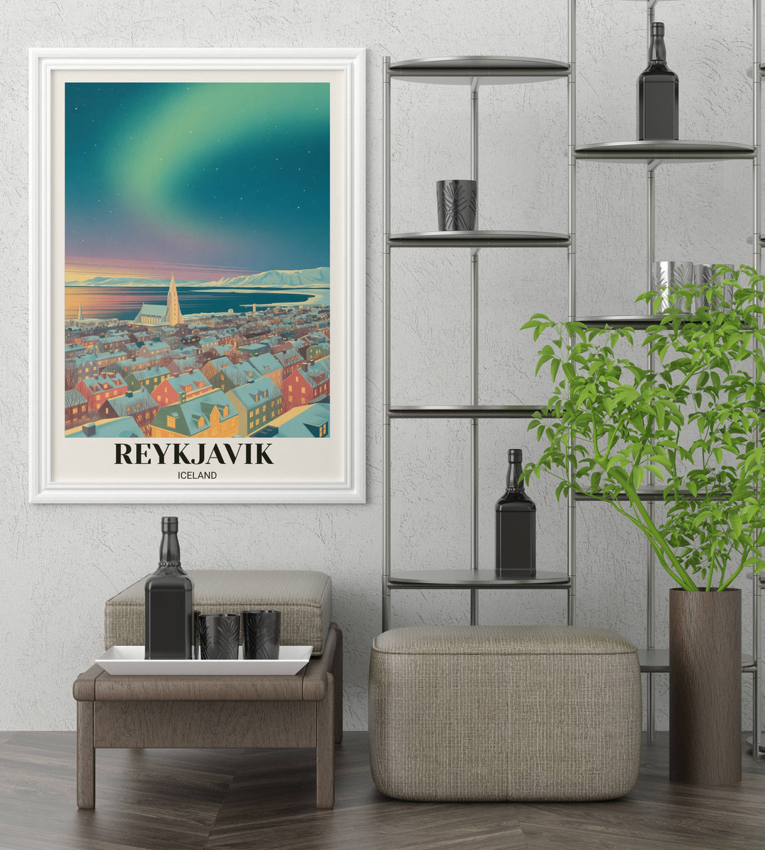 Detailed architectural illustration of Hallgrimskirkja church in Reykjavik with a soft teal aurora and distant mountain silhouettes across the bay.