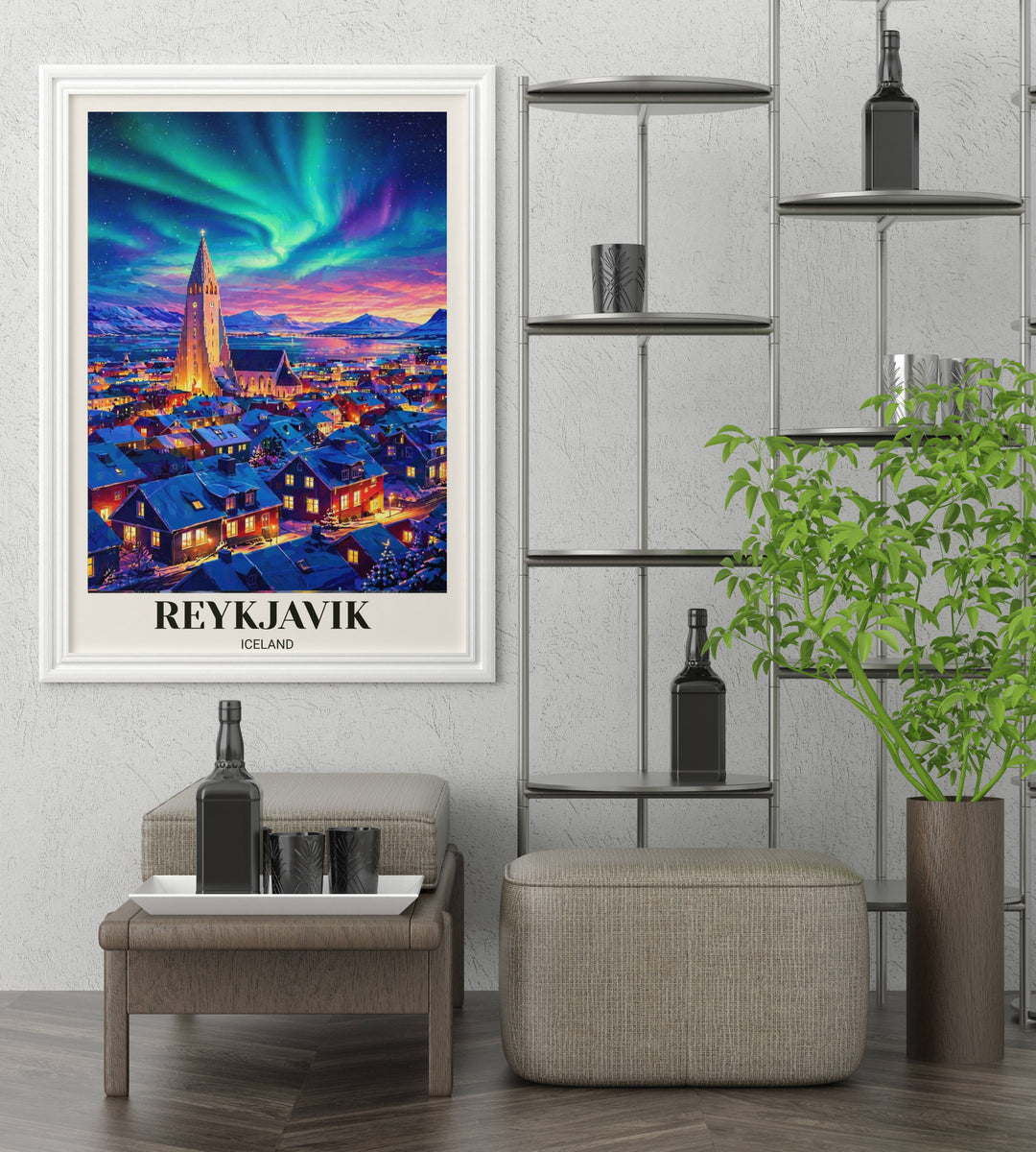 Modern Nordic wall decor featuring a colorful cityscape of Reykjavik at dusk with the Northern Lights dancing above the harbor and distant snow-capped Icelandic mountains.