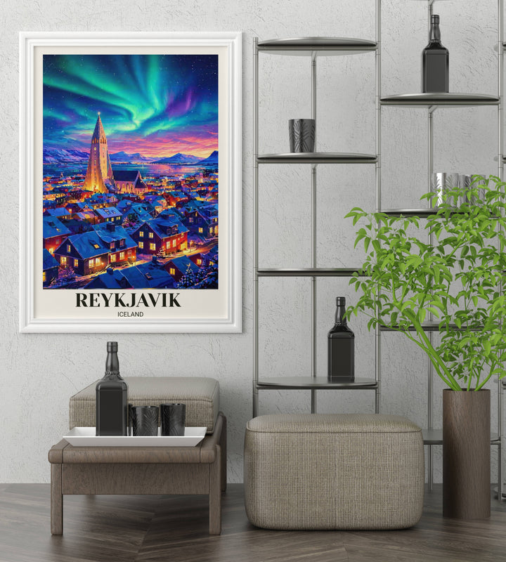 Modern Nordic wall decor featuring a colorful cityscape of Reykjavik at dusk with the Northern Lights dancing above the harbor and distant snow-capped Icelandic mountains.