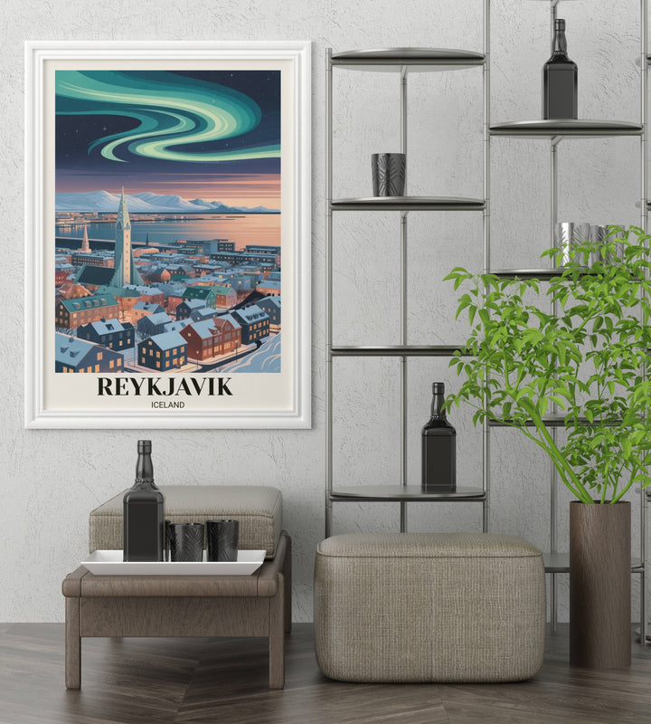 Cinematic Northern Lights art print for a modern gallery wall showing the vibrant colors of the aurora borealis over the Iceland capital.