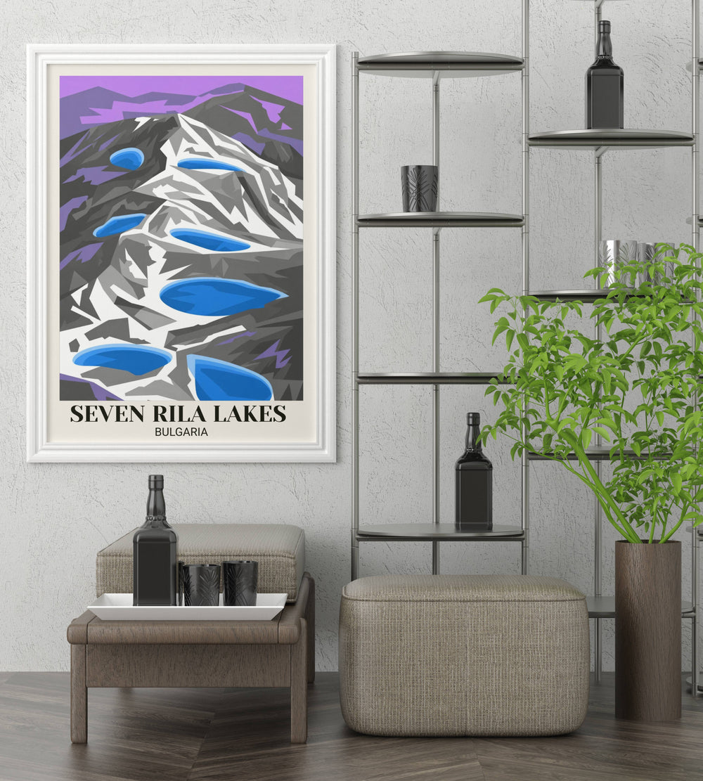Contemporary Seven Lakes alpine art print showing geometric mountain landscape, turquoise lakes, bold colors, simplified peaks, and minimalist illustration style
