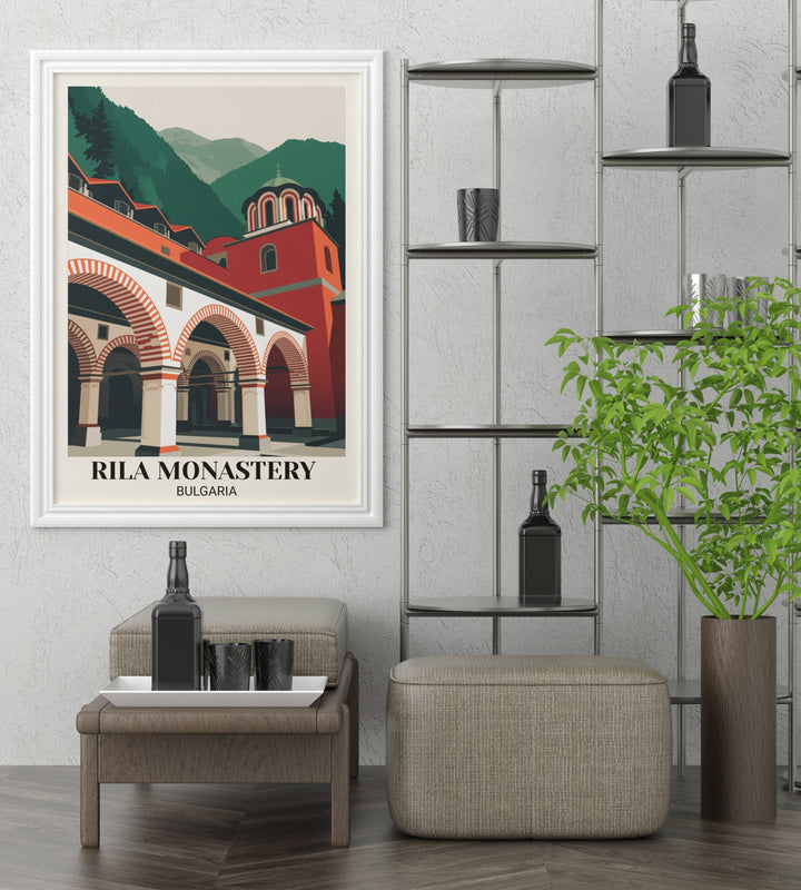 Bold modern Rila Monastery poster featuring geometric architectural arches, striking red and white pattern, forest green mountains, and contemporary minimalist art aesthetic
