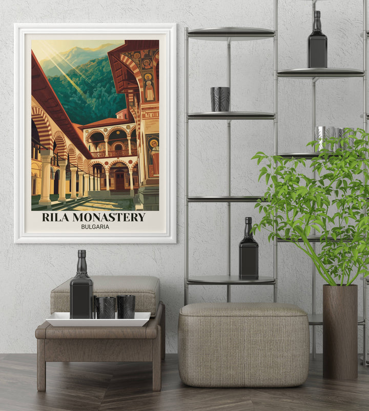 Vintage travel poster of Rila Monastery Bulgaria featuring iconic striped archways, religious frescoes, evergreen forest backdrop, spiritual atmosphere, and heritage art style