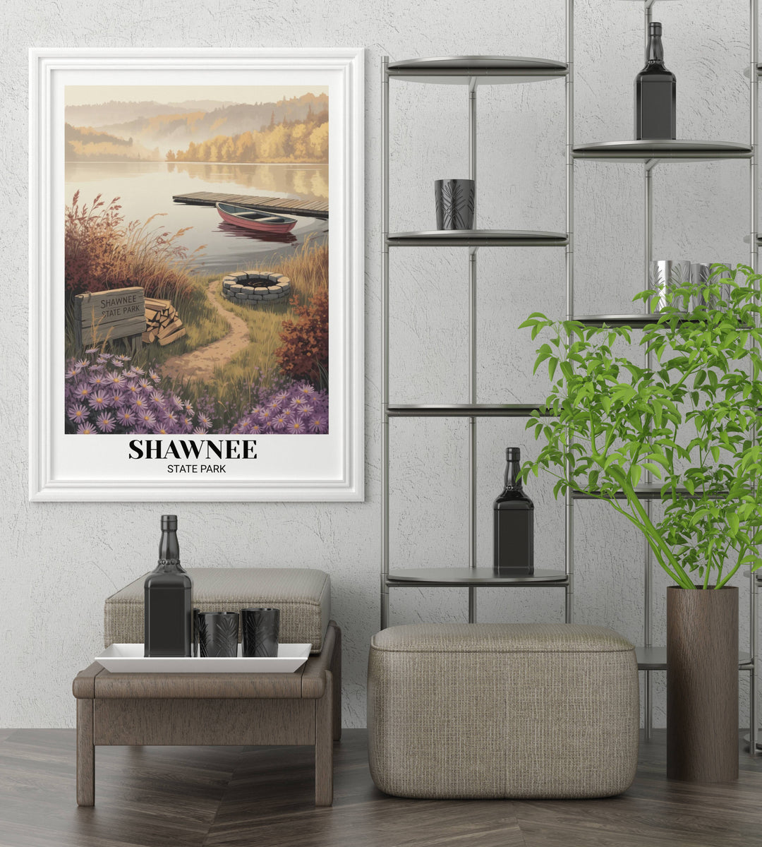 Cozy Ohio nature wall decor showing a peaceful lakeside scene at Shawnee State Park with golden morning fog and vibrant autumn forest hills in a professional gallery-matted look.