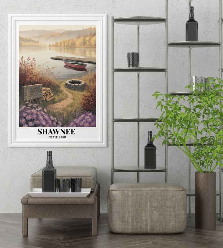 Cozy Ohio nature wall decor showing a peaceful lakeside scene at Shawnee State Park with golden morning fog and vibrant autumn forest hills in a professional gallery-matted look.