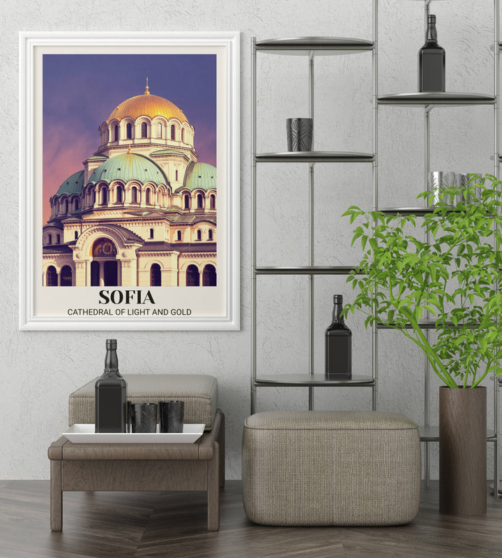 Retro Alexander Nevski Cathedral Sofia Bulgaria travel poster showing neoclassical Byzantine design, golden dome, ornate details, warm sunlight, and vintage heritage art aesthetic
