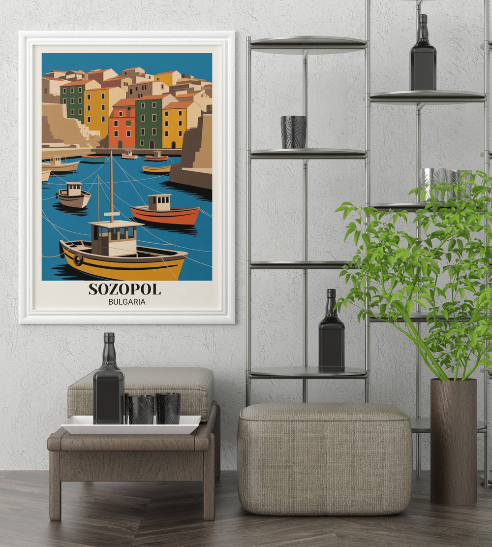 Modern Sozopol Bulgaria travel poster with geometric harbor design, bold mustard yellows, saturated oranges, sage greens, and contemporary flat design illustration
