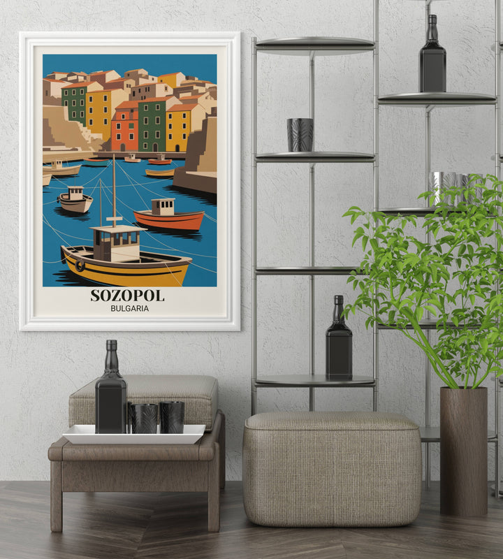Modern Sozopol Bulgaria travel poster with geometric harbor design, bold mustard yellows, saturated oranges, sage greens, and contemporary flat design illustration
