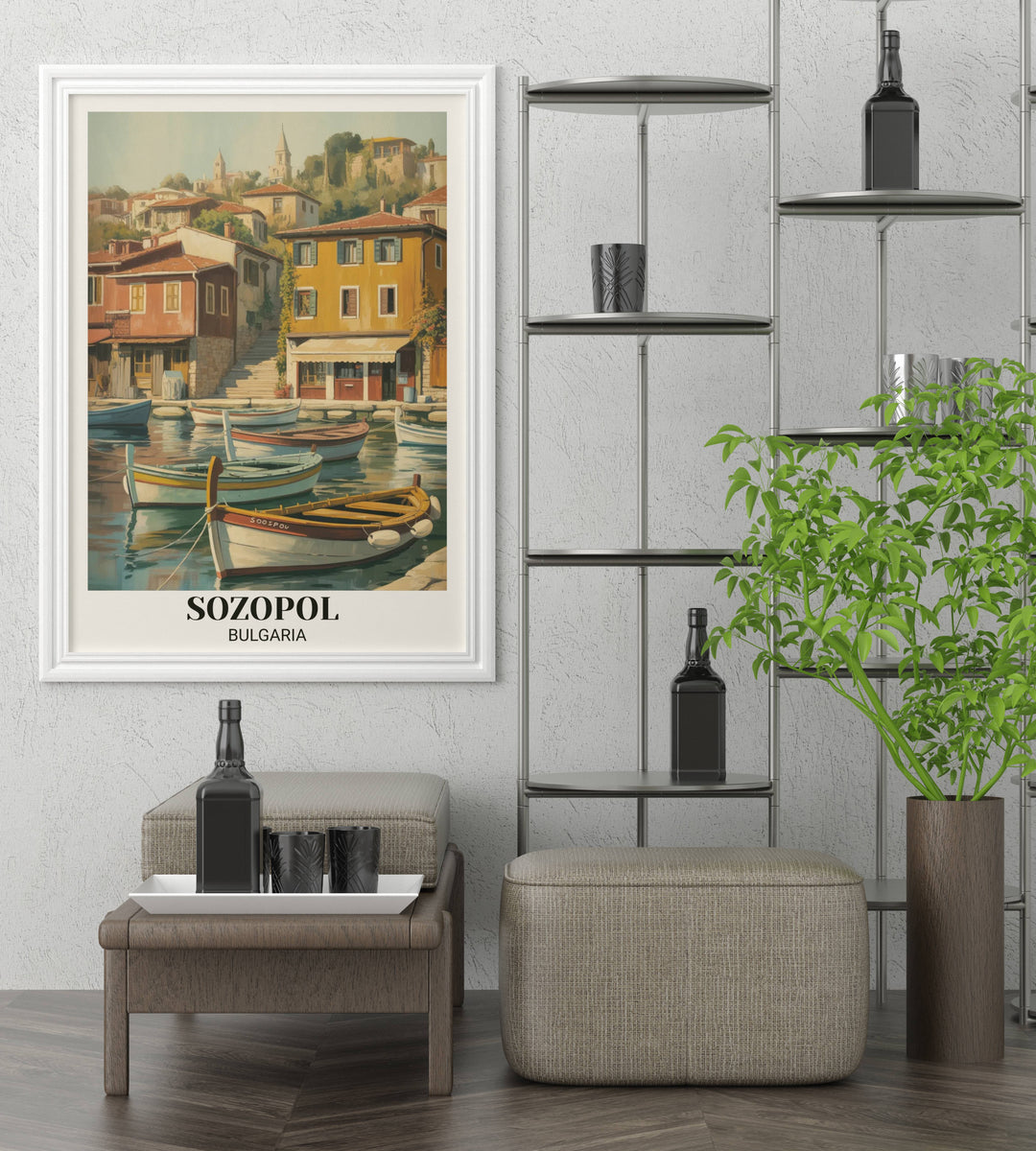 Vintage travel poster of Sozopol Bulgaria featuring charming harbor with fishing boats, colorful buildings, narrow cobblestone paths, and intimate bohemian coastal aesthetic
