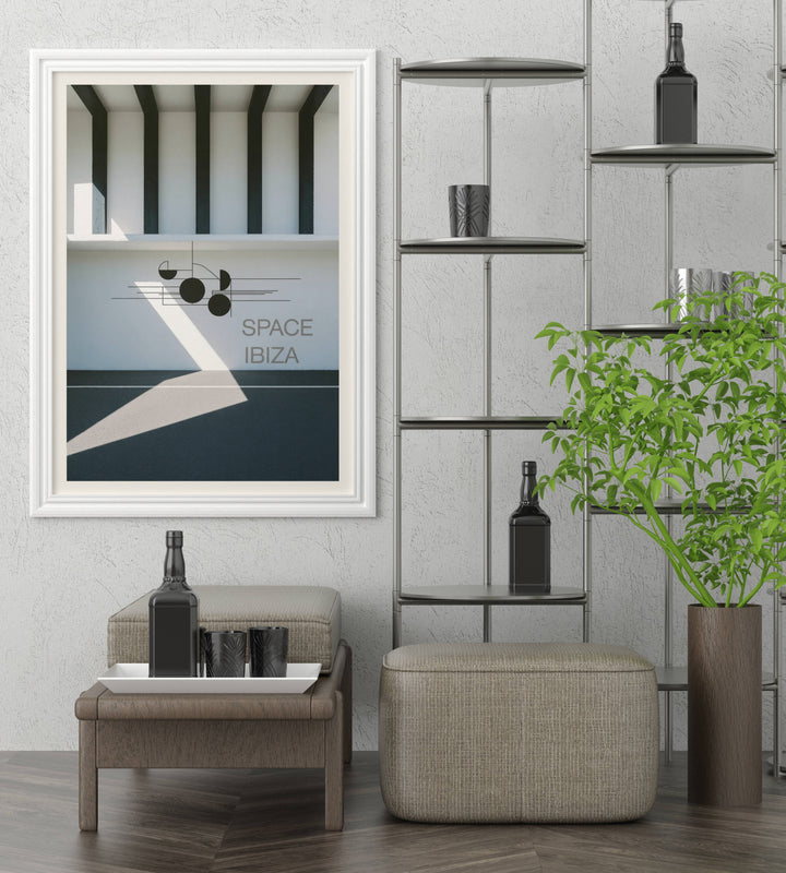 A luxury tribute to club culture: the Space Ibiza minimalist art poster from Map Your Dreams showcases black beams and a stark white warehouse aesthetic.