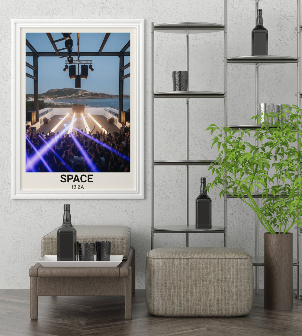 Elevate your music studio with a premium Space Ibiza poster from Map Your Dreams, capturing the raw industrial energy of the world’s best open-air dancefloor.