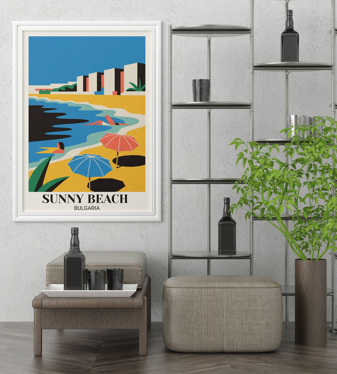 Modern Sunny Beach Bulgaria travel poster with geometric beach design, bold electric blues, vibrant yellows and corals, umbrellas, and contemporary flat design illustration