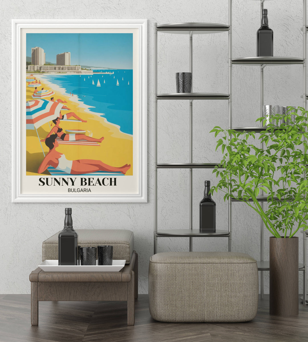 Vintage travel poster of Sunny Beach Bulgaria featuring retro 1960s beach resort scene with umbrellas, sunbathers, turquoise waters, sailboats, and bold saturated colors
