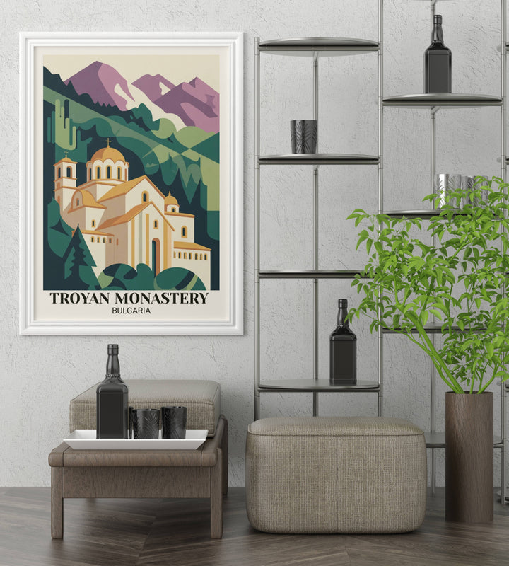 Contemporary Troyan Monastery spiritual art print showing geometric monastery design, bold mountain sanctuary colors, simplified architecture, and minimalist illustration style